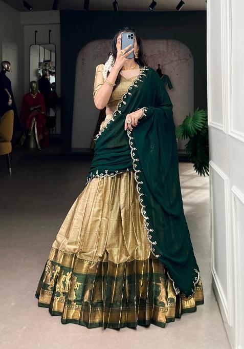 Cream Zari Work Cotton Lehenga Set