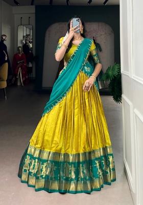 Yellow Zari Work Cotton Lehenga Set