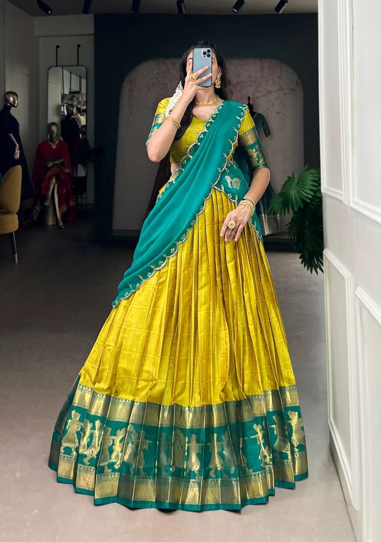 Yellow Cotton Lehenga Set with Zari Work for Diwali | Wedding & Festive Wear - Indya