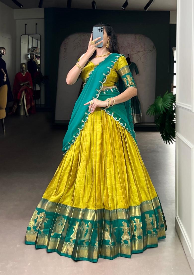 Yellow Zari Work Cotton Lehenga Set - Indya