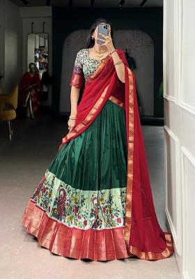 Green Drawstring With Zip Silk Blend Lehenga Set