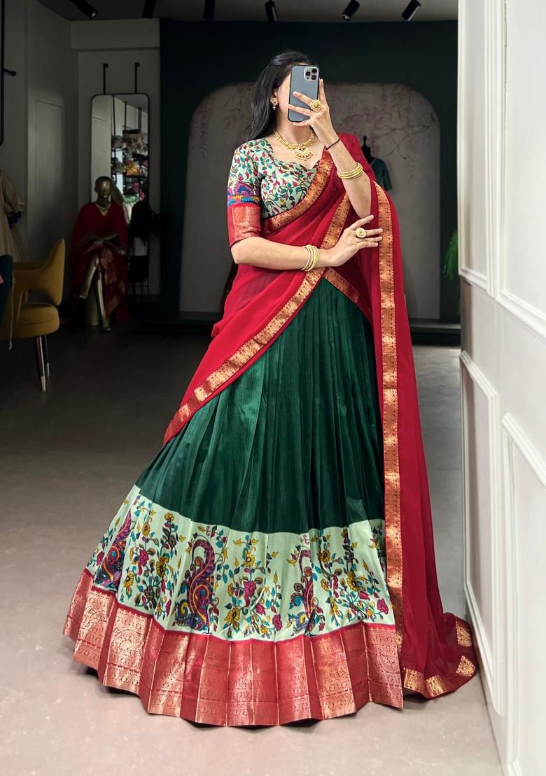 Green Drawstring With Zip Silk Blend Lehenga Set - Indya