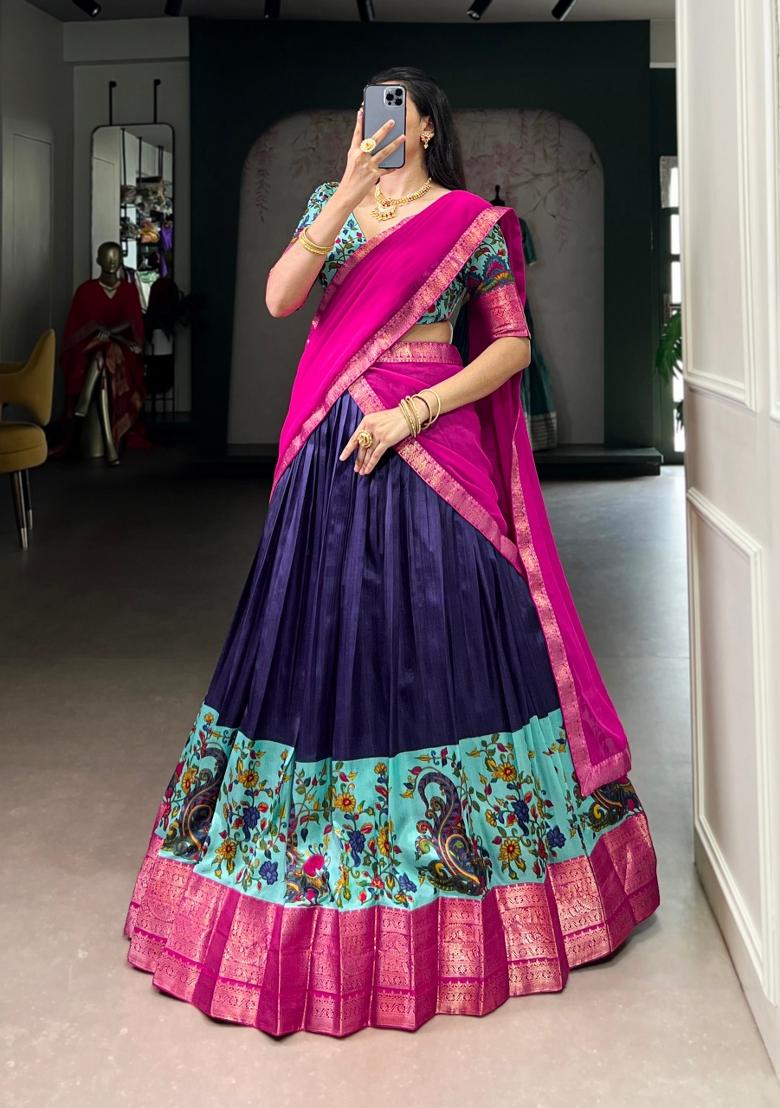 Navy Blue Drawstring With Zip Silk Blend Lehenga Set - Indya