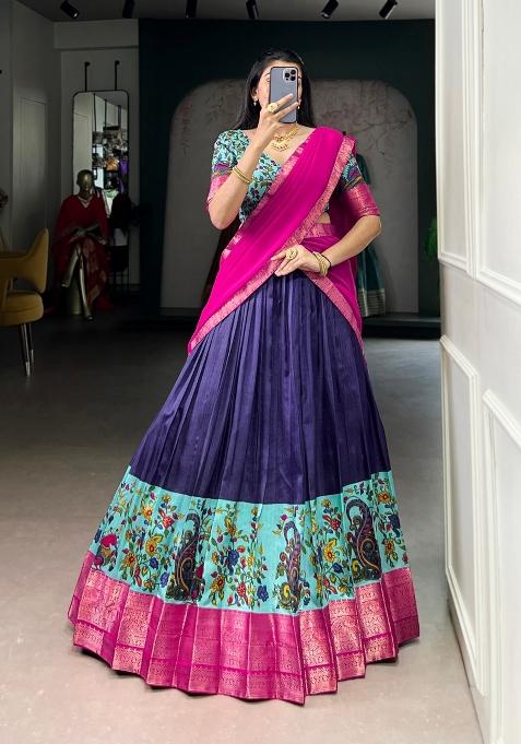 Navy Blue Drawstring With Zip Silk Blend Lehenga Set