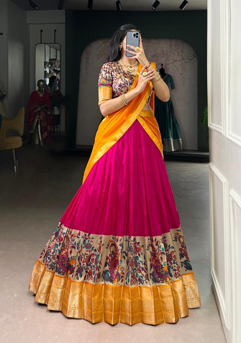 Pink Drawstring With Zip Silk Blend Lehenga Set - Indya