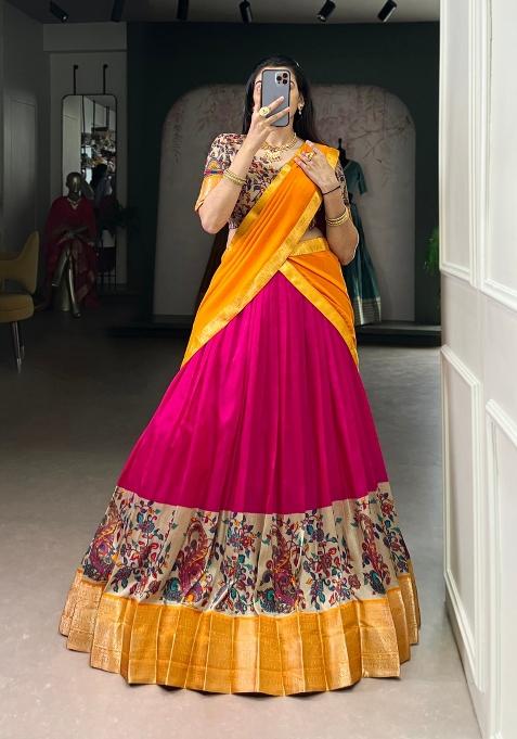 Pink Drawstring With Zip Silk Blend Lehenga Set
