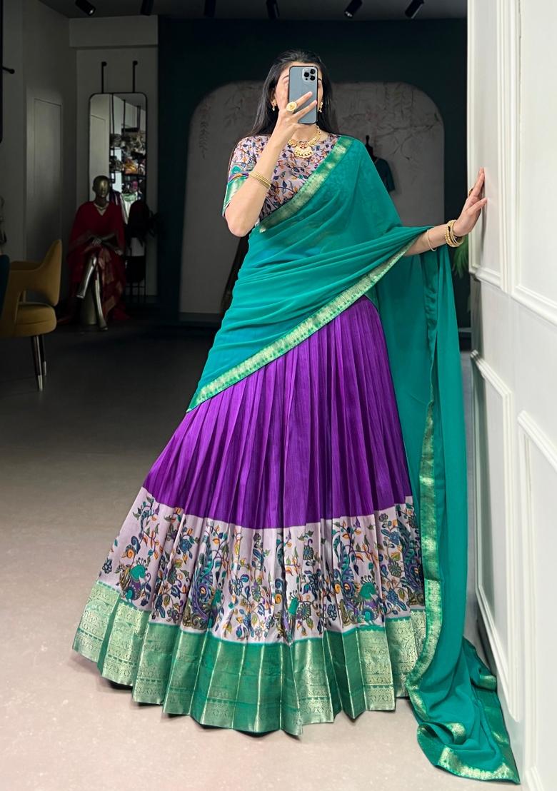 Purple Drawstring With Zip Silk Blend Lehenga Set - Indya