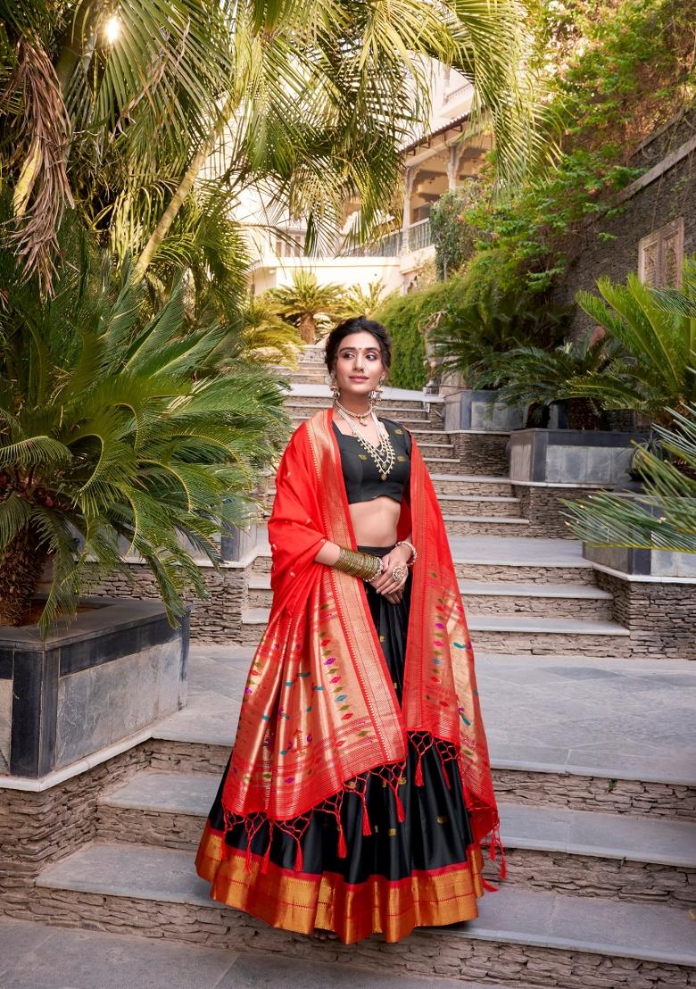 Black Drawstring With Zip Silk Blend Lehenga Set - Indya