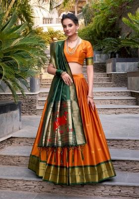 Orange Drawstring With Zip Silk Blend Lehenga Set