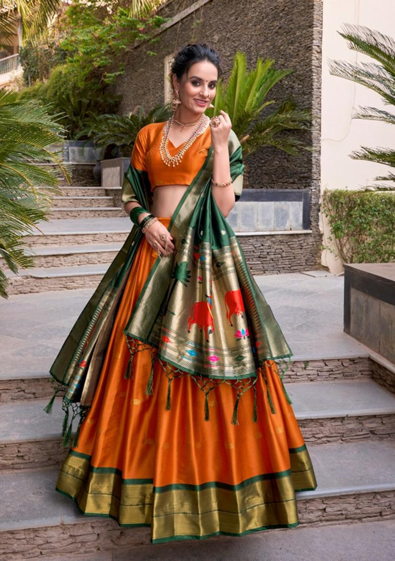 Orange Drawstring With Zip Silk Blend Lehenga Set - Indya