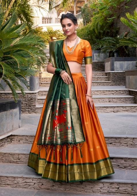 Orange Drawstring With Zip Silk Blend Lehenga Set