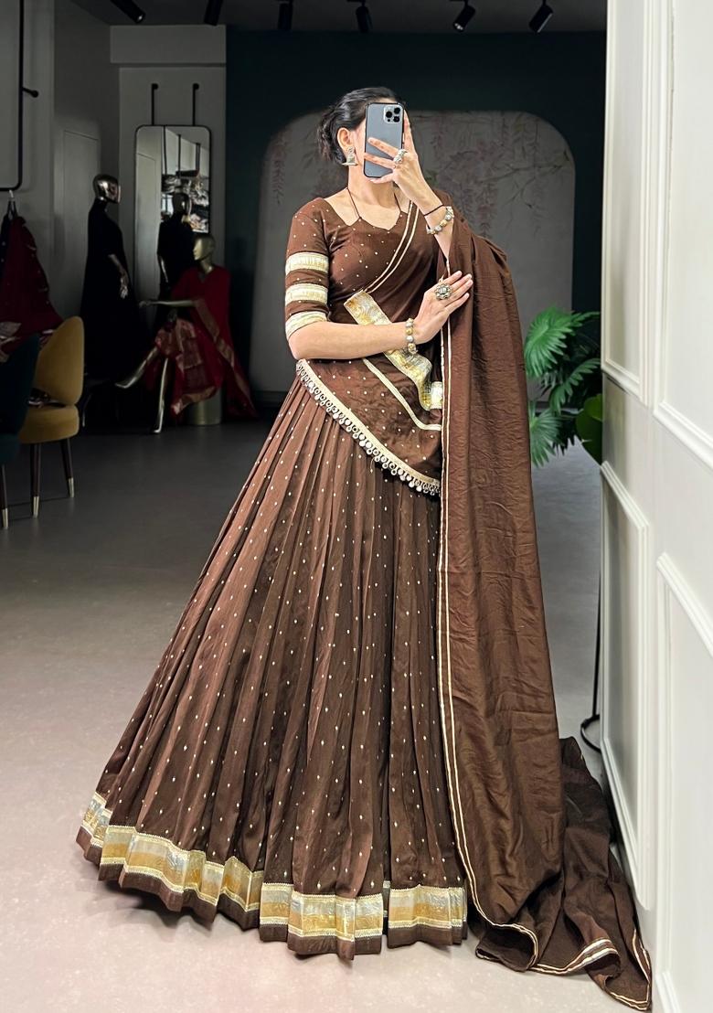Brown Drawstring With Zip Chanderi Lehenga Set - Indya