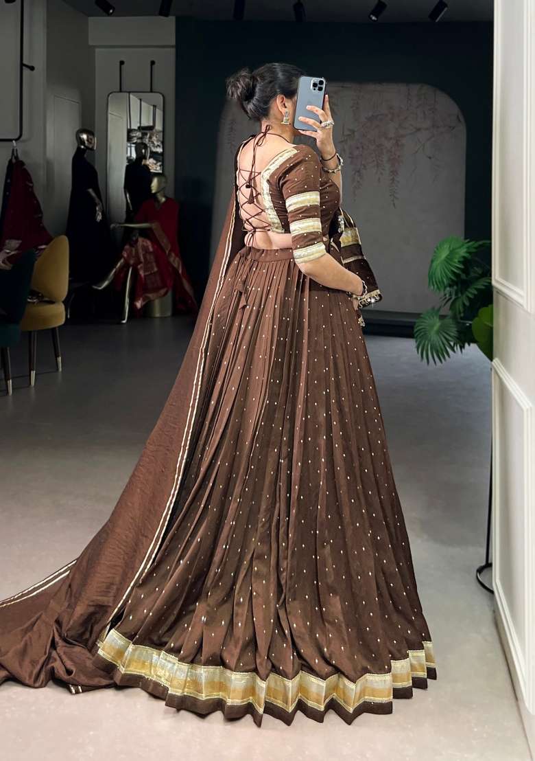 Brown Drawstring With Zip Chanderi Lehenga Set for Diwali | Wedding & Festive Wear - Indya
