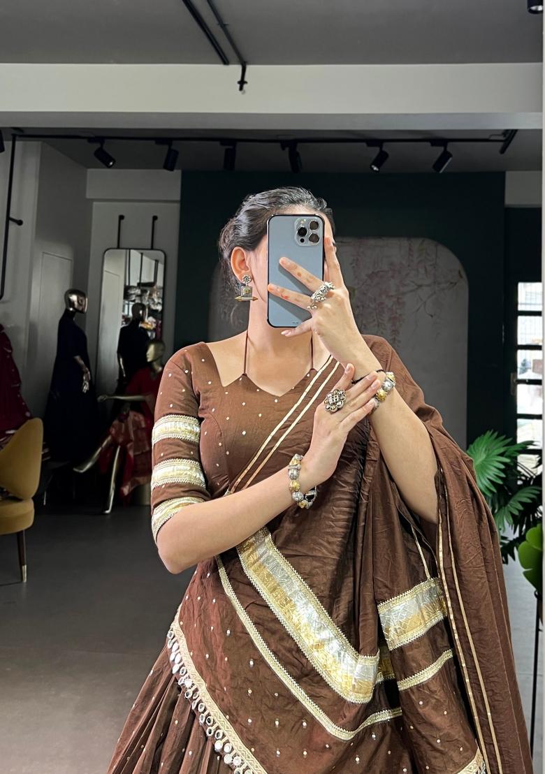 Brown Drawstring With Zip Chanderi Lehenga Set - Indya