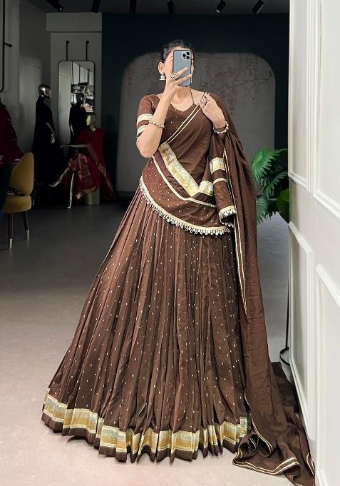 Brown Drawstring With Zip Chanderi Lehenga Set