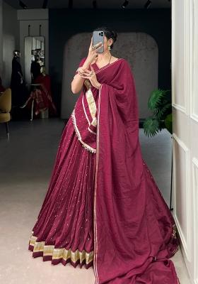 Maroon Drawstring With Zip Chanderi Lehenga Set