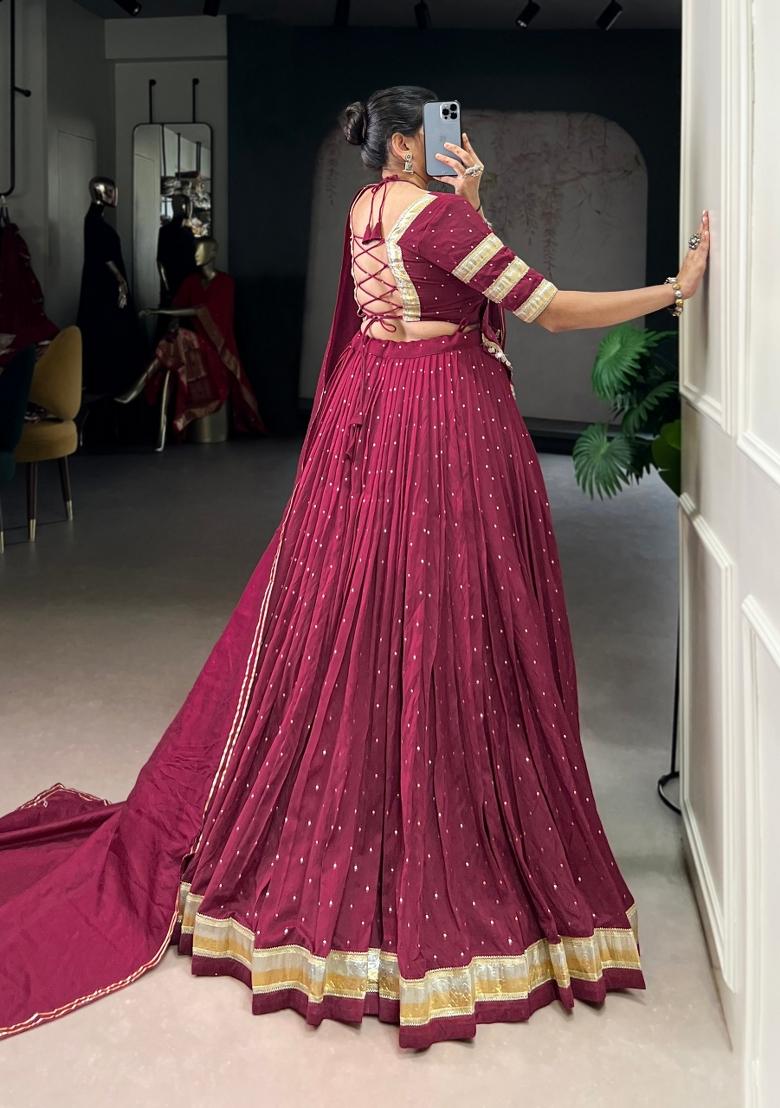 Maroon Drawstring With Zip Chanderi Lehenga Set - Indya