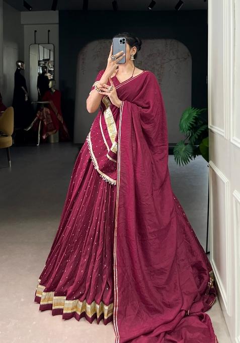 Maroon Drawstring With Zip Chanderi Lehenga Set