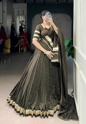 Mehendi Drawstring With Zip Chanderi Lehenga Set