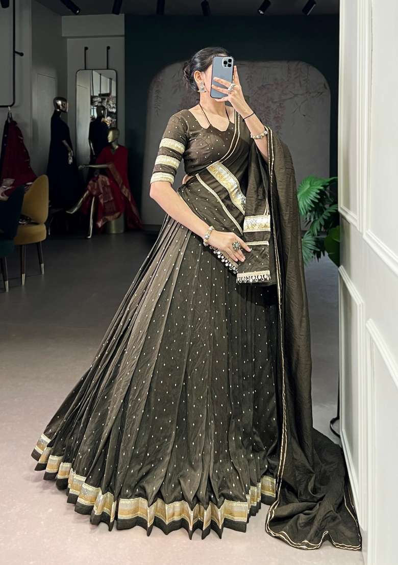 Mehendi Drawstring With Zip Chanderi Lehenga Set for Diwali | Wedding & Festive Wear - Indya
