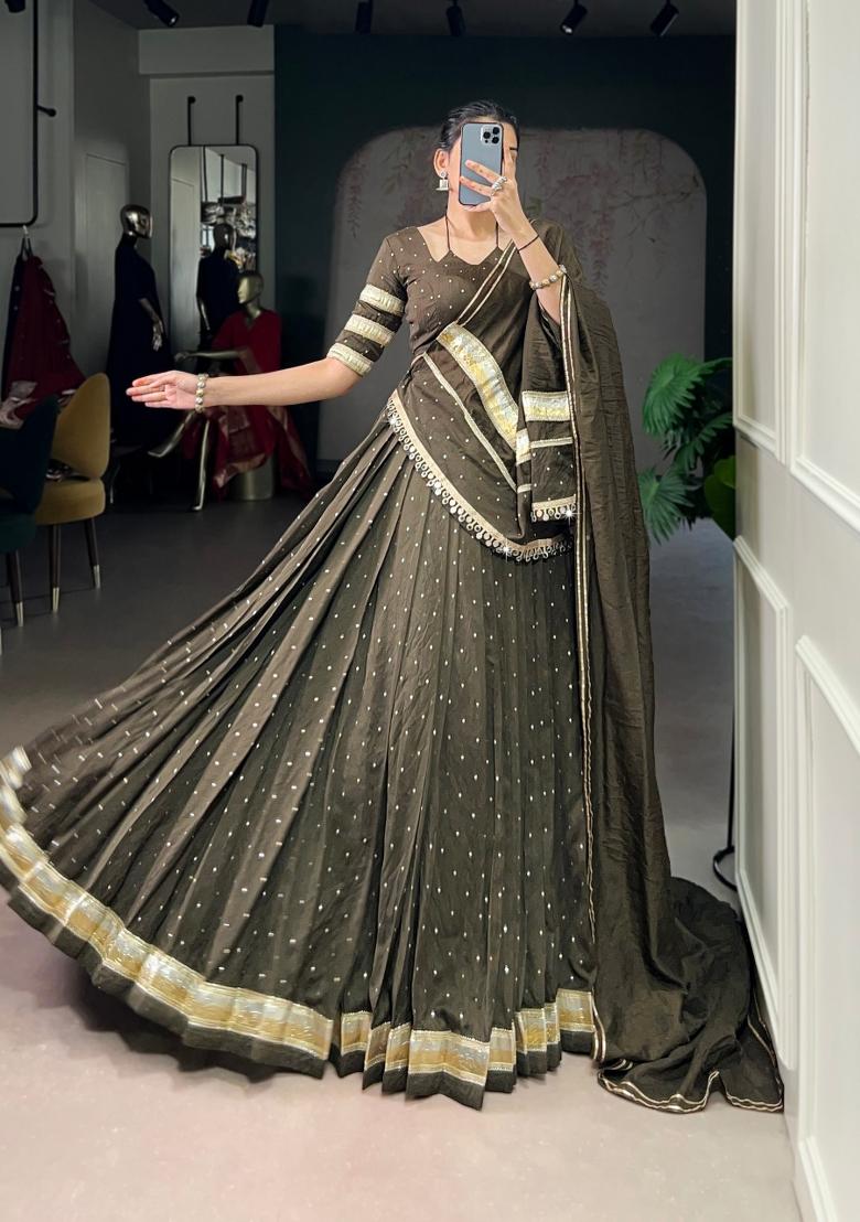 Mehendi Drawstring With Zip Chanderi Lehenga Set - Indya