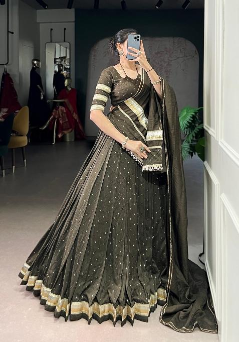 Mehendi Drawstring With Zip Chanderi Lehenga Set