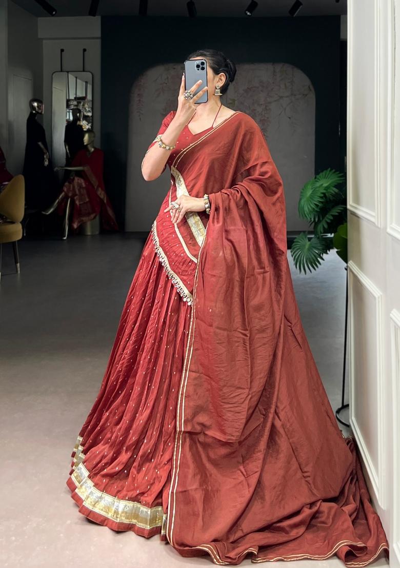 Orange Drawstring With Zip Chanderi Lehenga Set - Indya