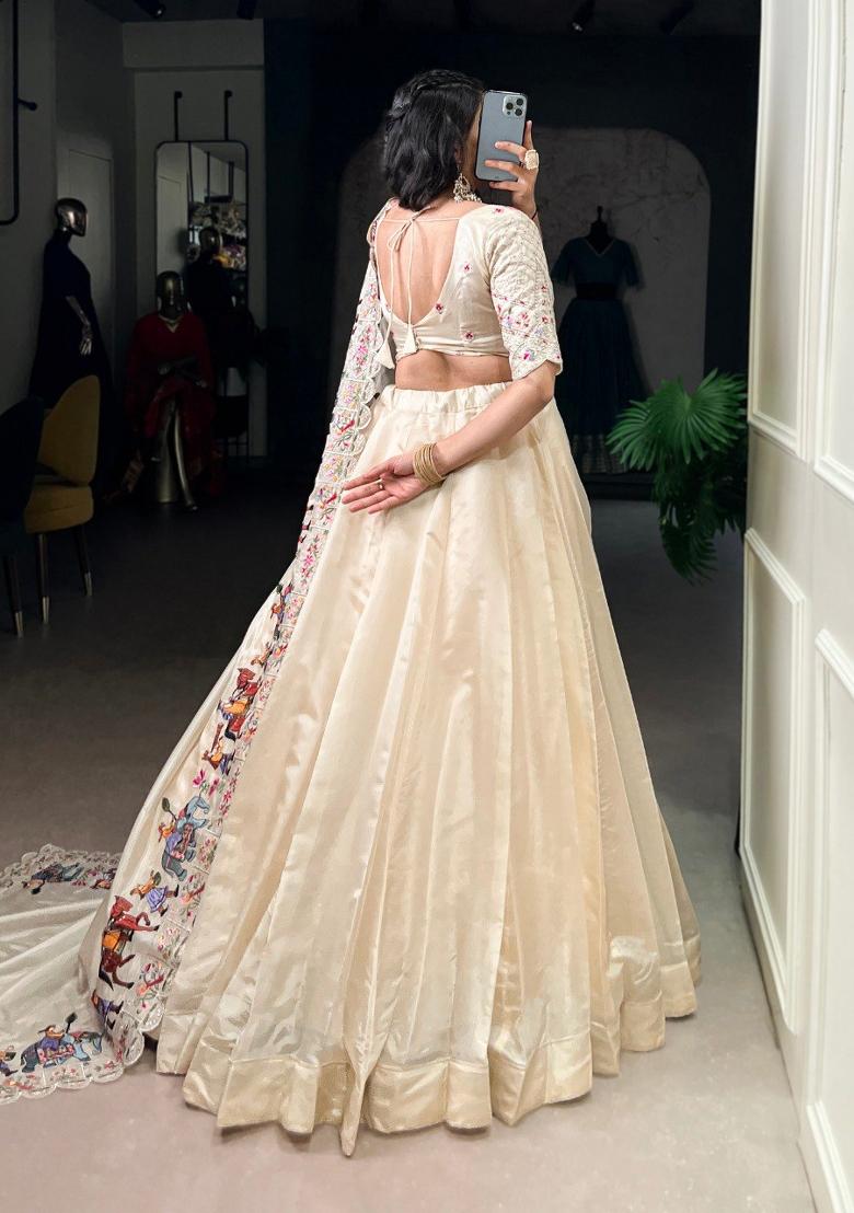 Beige Drawstring With Zip Cotton Lehenga Set - Indya