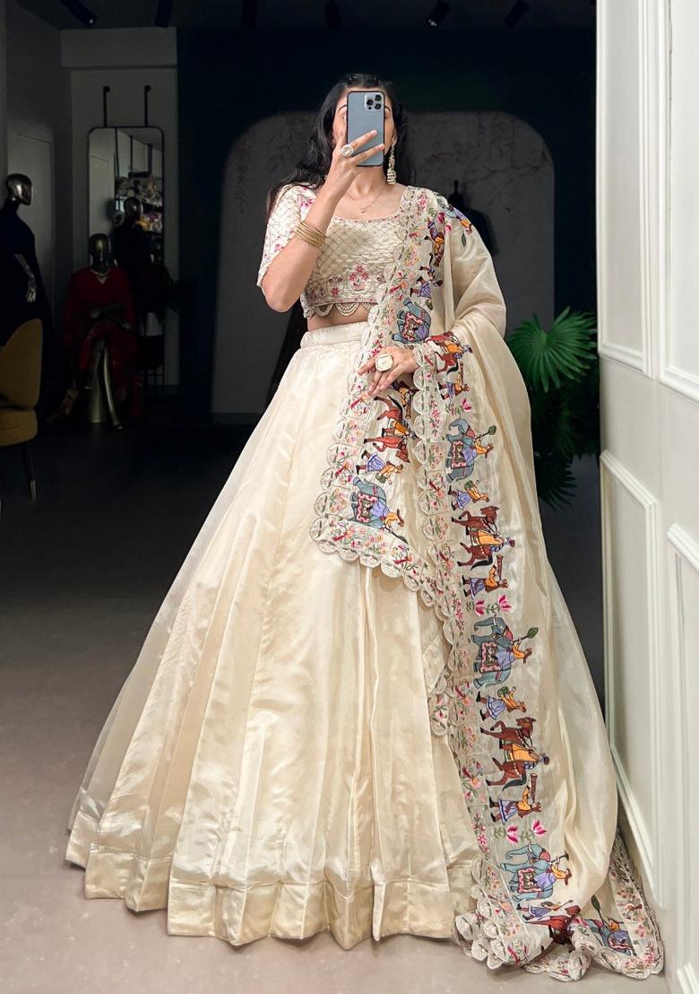 Beige Drawstring With Zip Cotton Lehenga Set - Indya
