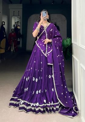 Purple Drawstring With Zip Chanderi Lehenga Set
