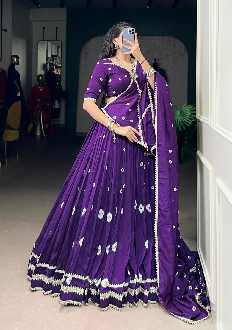 Purple Drawstring With Zip Chanderi Lehenga Set - Indya