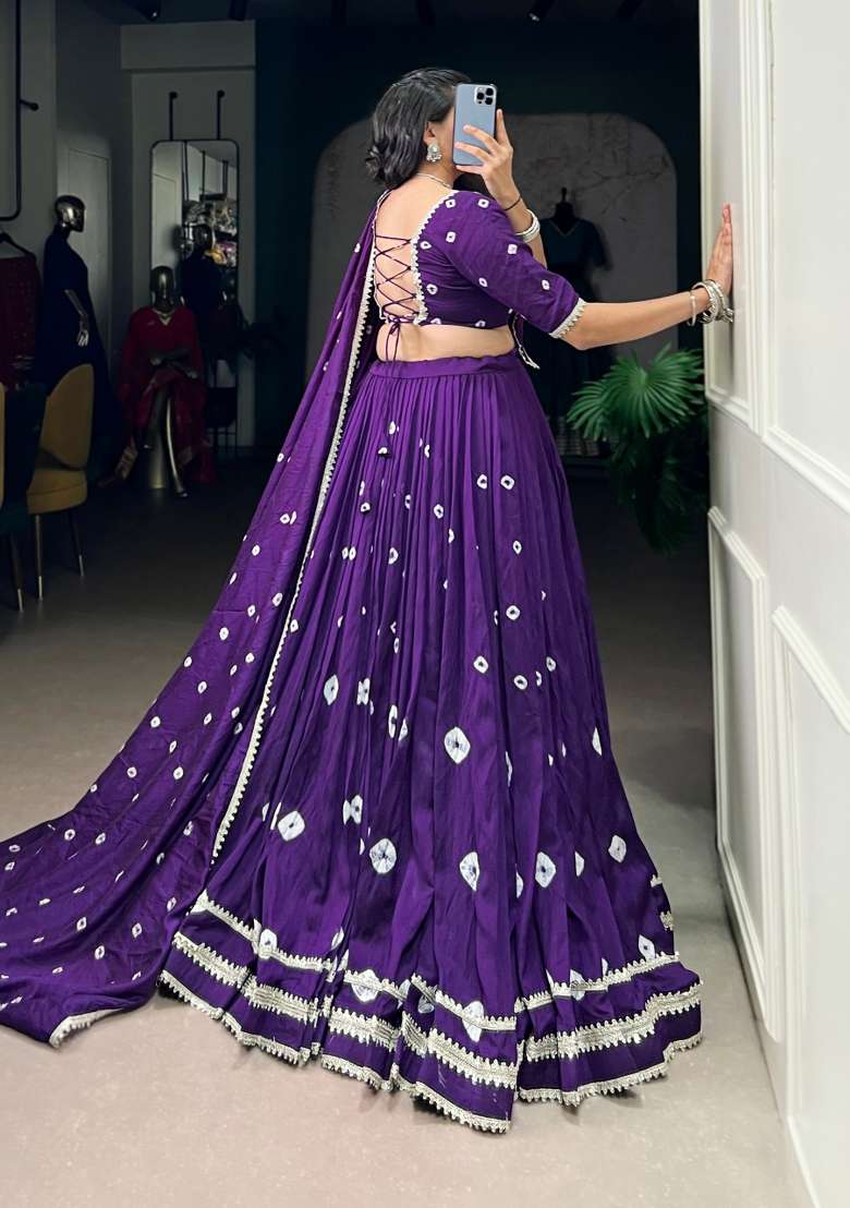 Purple Drawstring With Zip Chanderi Lehenga Set for Diwali and Festive Wear - Indya