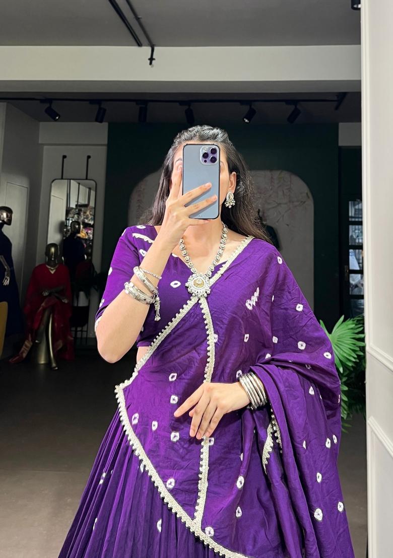 Purple Drawstring With Zip Chanderi Lehenga Set - Indya