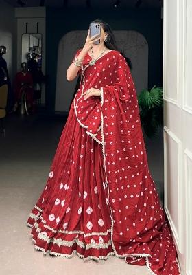 Red Drawstring With Zip Chanderi Lehenga Set