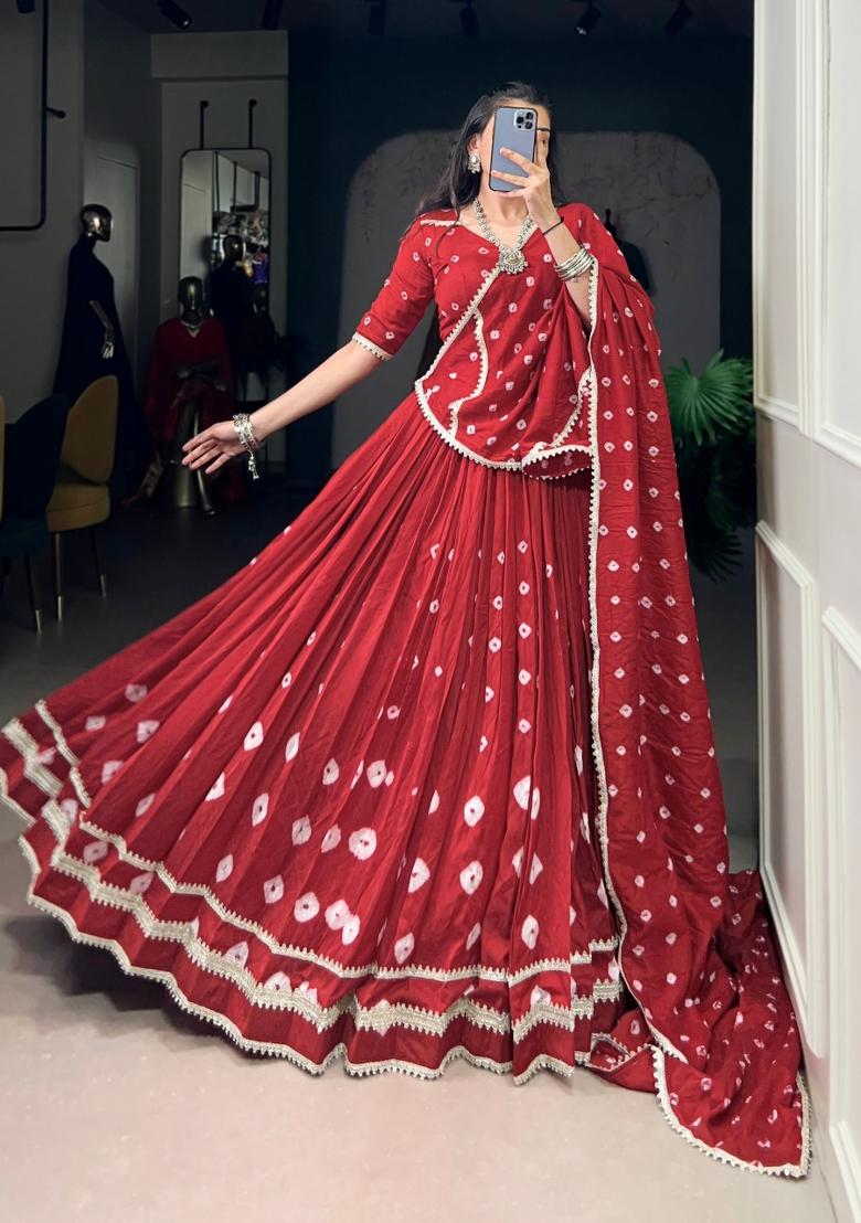 Red Drawstring With Zip Chanderi Lehenga Set - Indya