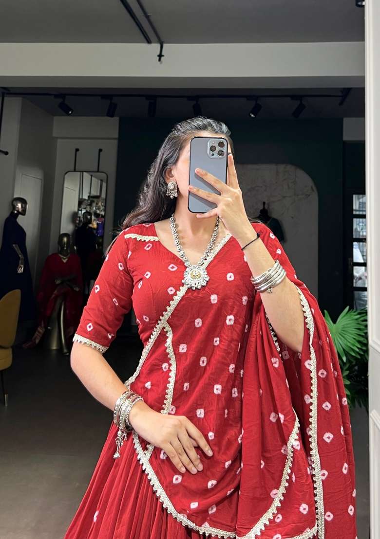 Red Drawstring With Zip Chanderi Lehenga Set for Diwali | Wedding & Festive Wear - Indya