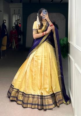 Navy Blue Drawstring With Zip Cotton Lehenga Set