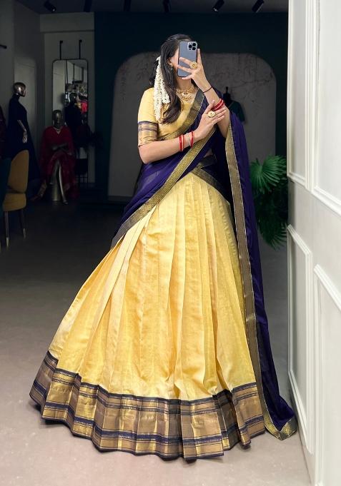 Navy Blue Drawstring With Zip Cotton Lehenga Set