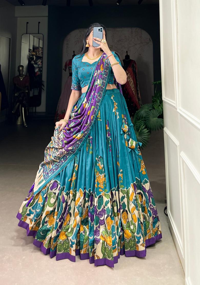 Firozi Drawstring With Zip Silk Blend Lehenga Set - Indya