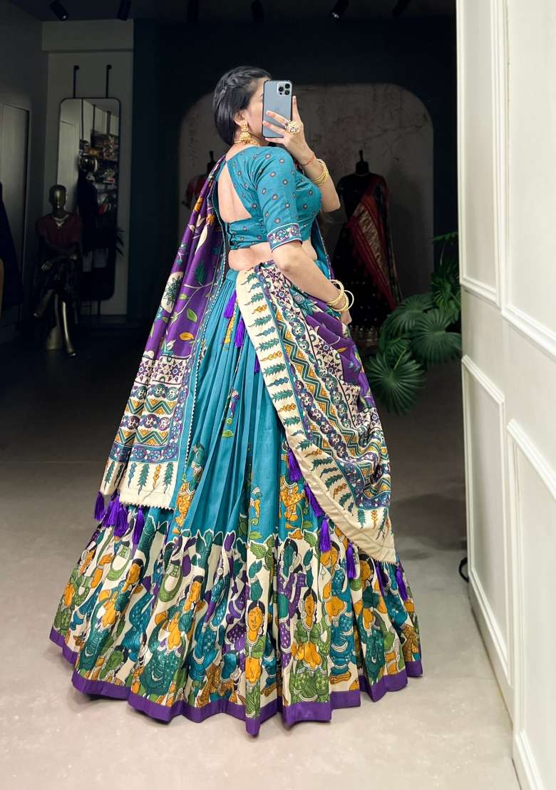Firozi Drawstring With Zip Silk Blend Lehenga Set for Diwali | Wedding & Festive Wear - Indya