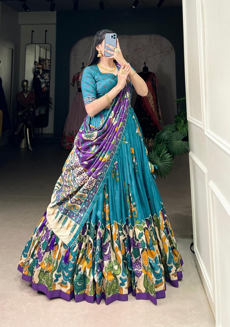 Firozi Drawstring With Zip Silk Blend Lehenga Set - Indya