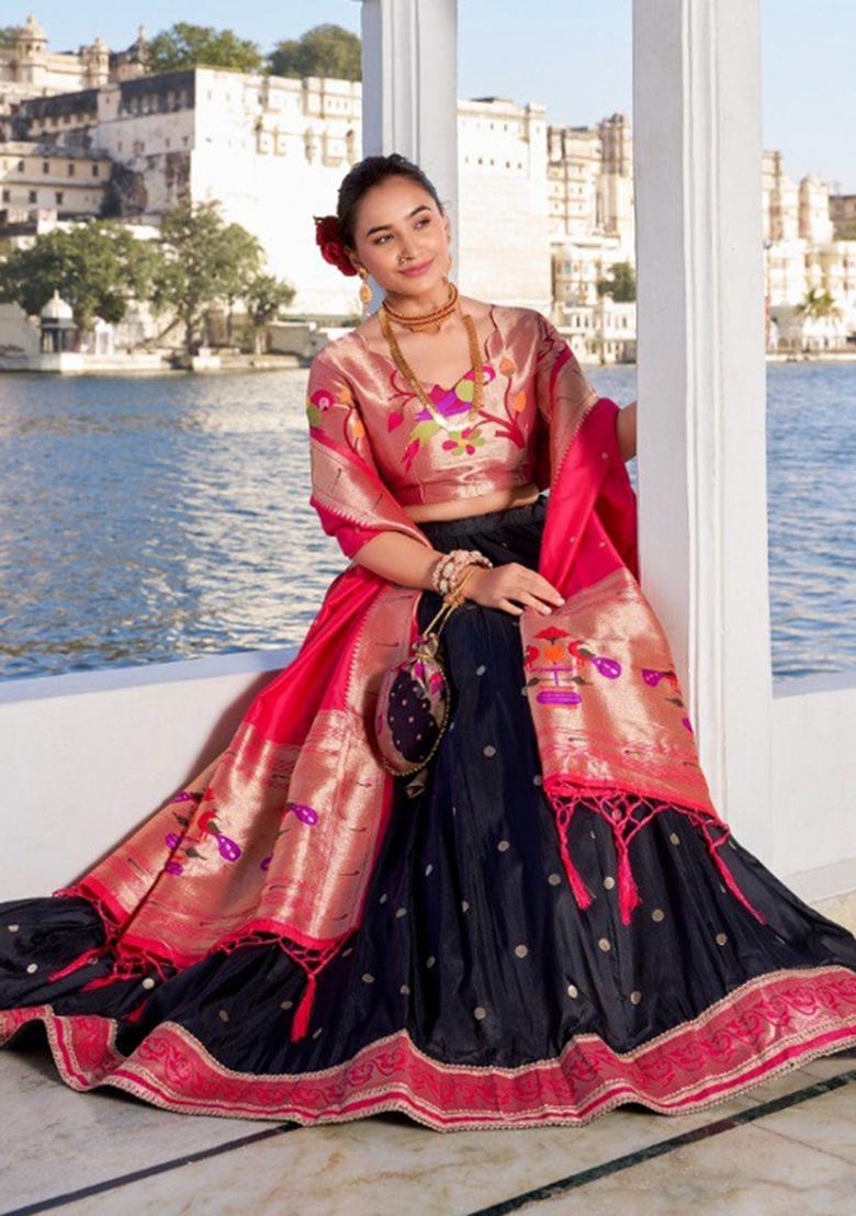 Black Drawstring With Zip Silk Blend Lehenga Set - Indya