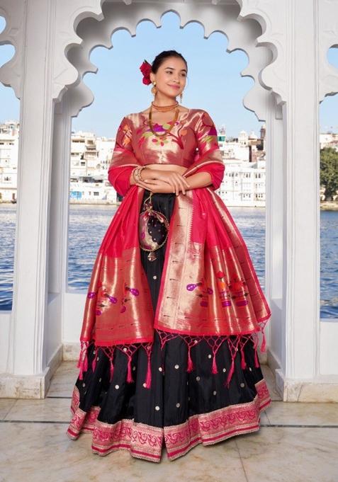 Black Drawstring With Zip Silk Blend Lehenga Set