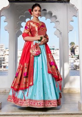 Sky Blue Drawstring With Zip Silk Blend Lehenga Set