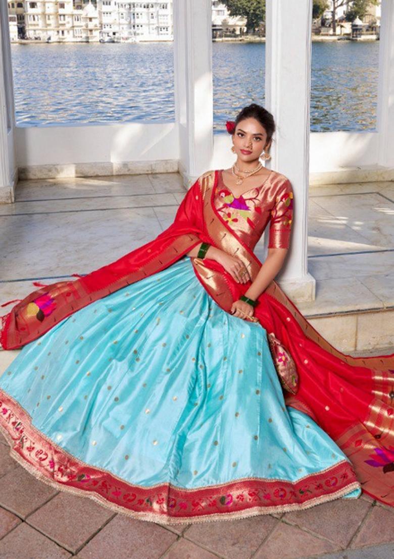 Sky Blue Drawstring With Zip Silk Blend Lehenga Set - Indya