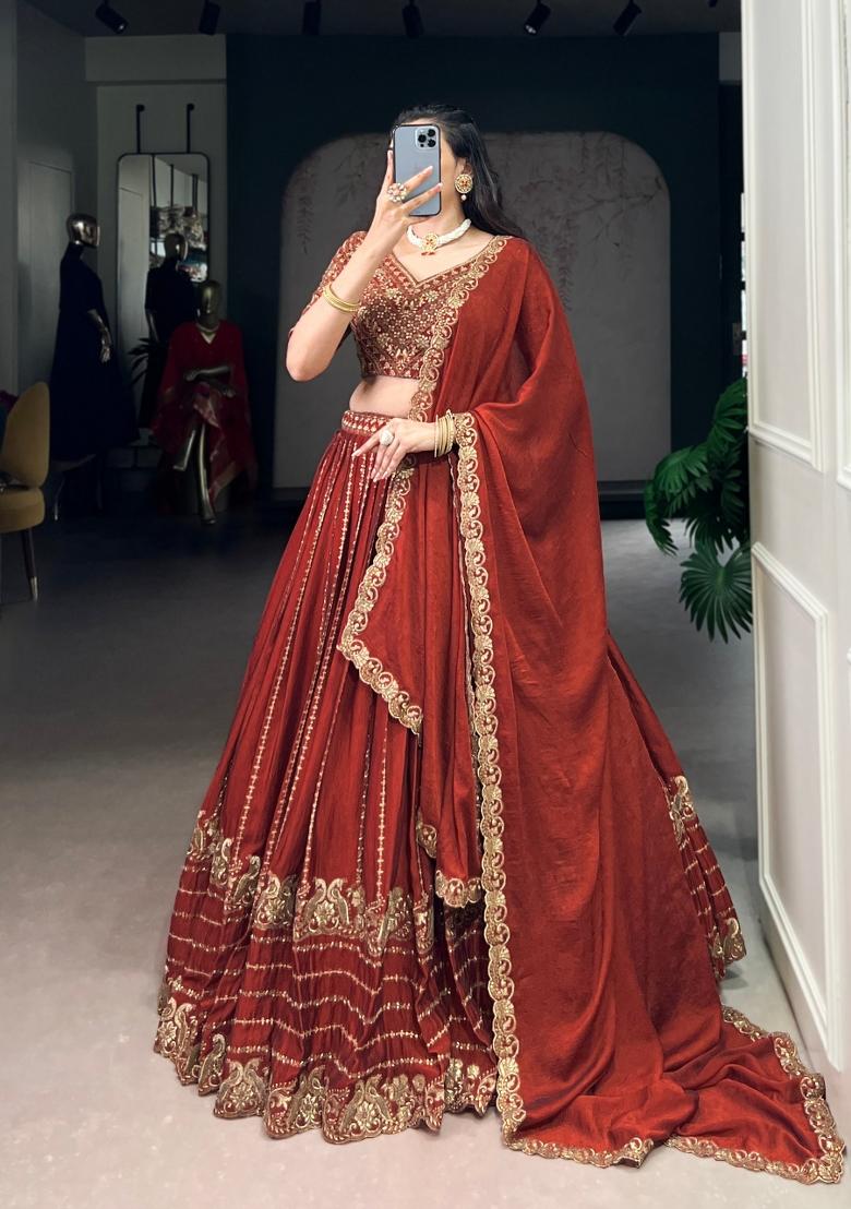 Orange Drawstring With Zip Rangoli Lehenga Set - Indya