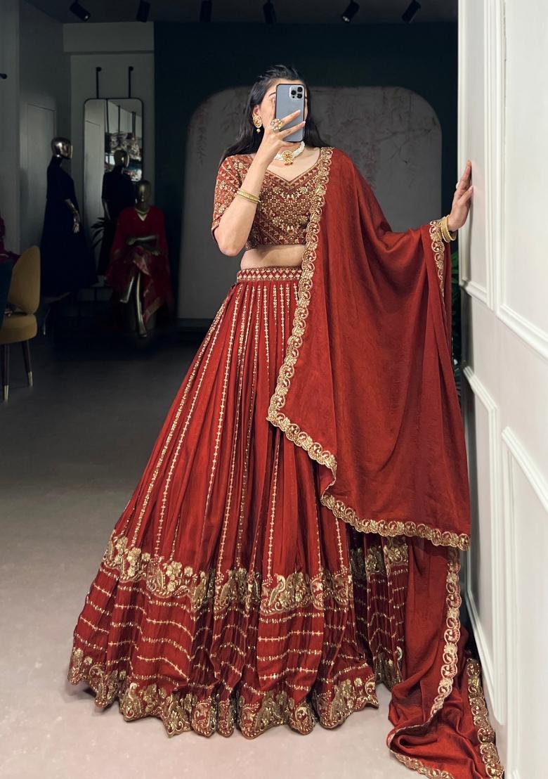 Orange Drawstring With Zip Rangoli Lehenga Set - Indya