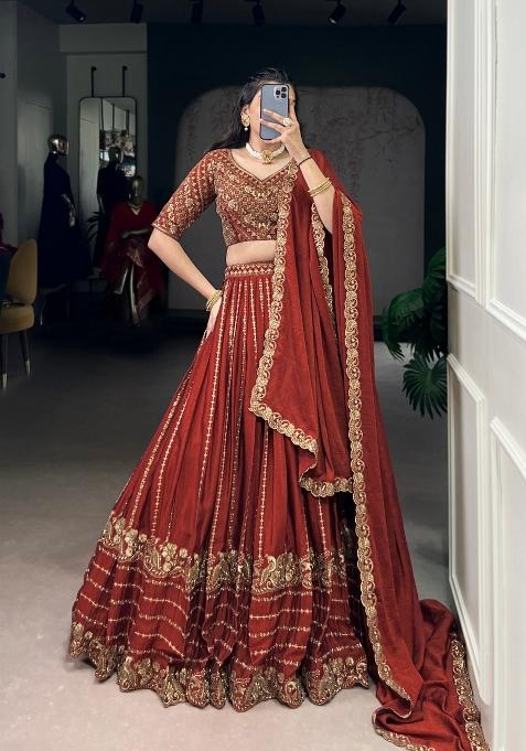 Orange Drawstring With Zip Rangoli Lehenga Set
