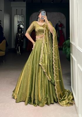 Green Drawstring With Zip Cotton Lehenga Set