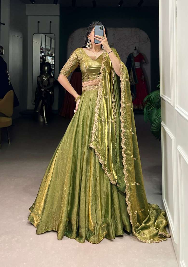 Green Drawstring With Zip Cotton Lehenga Set for Diwali and Festive Wear - Indya